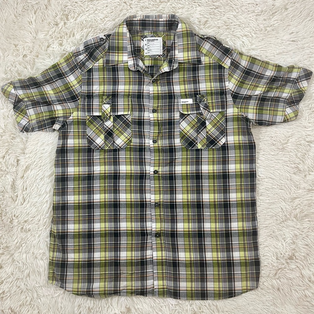 Size XL Vintage Y2K ROCAWEAR Short Sleeve Button Down Shirt Black‎ Yellow Plaid